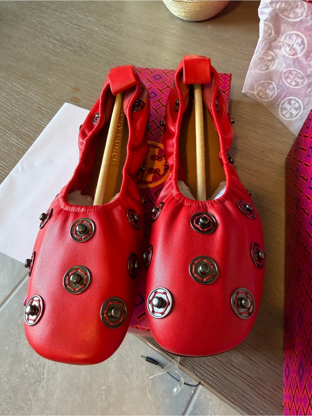 Tory Burch Red Studded Ballet Flats